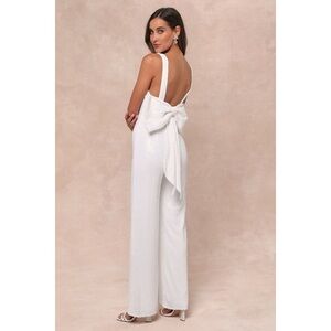 Lulus Feeling Sparkly White Sequin Bow Wide-leg Jumpsuit - Size L